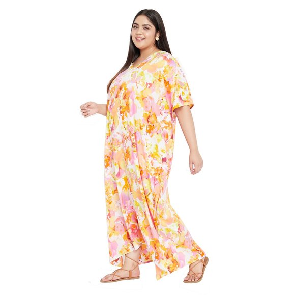 Gypsie Blu Lightweight Floral Printed Caftan Maxi Dress kimono sleeve Night Gown - Picture 6 of 9
